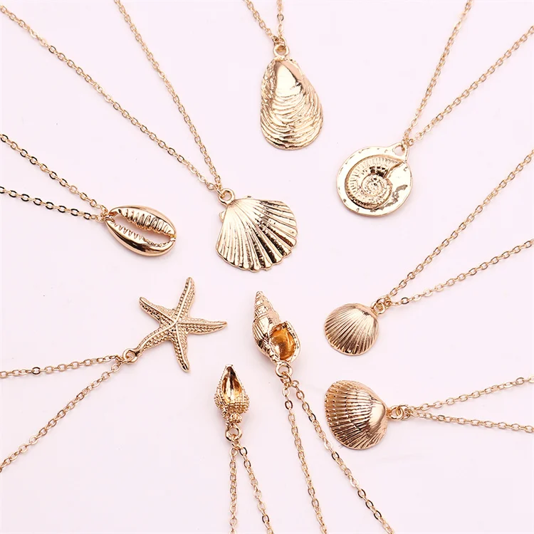 

2021 Summer Ocean Series Shell Necklace Scallop Conch Starfish Pendant Necklace 18k Gold Plated Women Jewelry Sea Necklace, Picture shows
