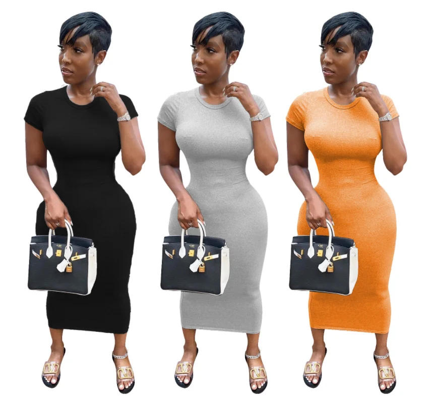 womens clothing 2021 bodycon pure color short sleeve dress for summer, Black/grey/orange
womens clothing 2021 bodycon pure color short sleeve dress for summer, Black/grey/orange