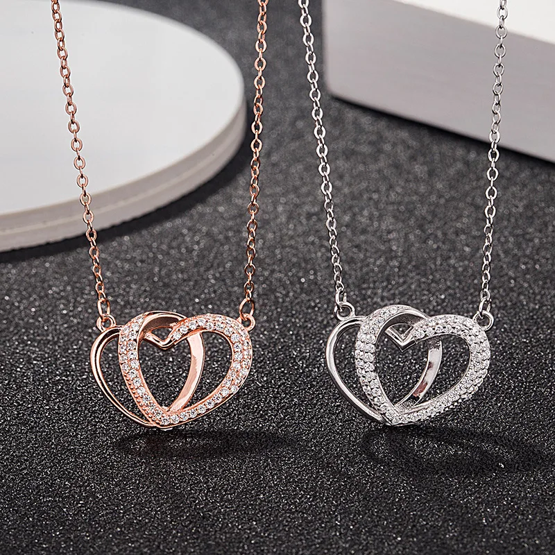 Valentine Jewelry 925 Sterling Silver Rose Gold Two Hollow Diamond Heart Pendant Necklace Double Heart Necklace with Crystal
Valentine Jewelry 925 Sterling Silver Rose Gold Two Hollow Diamond Heart Pendant Necklace Double Heart Necklace with Crystal