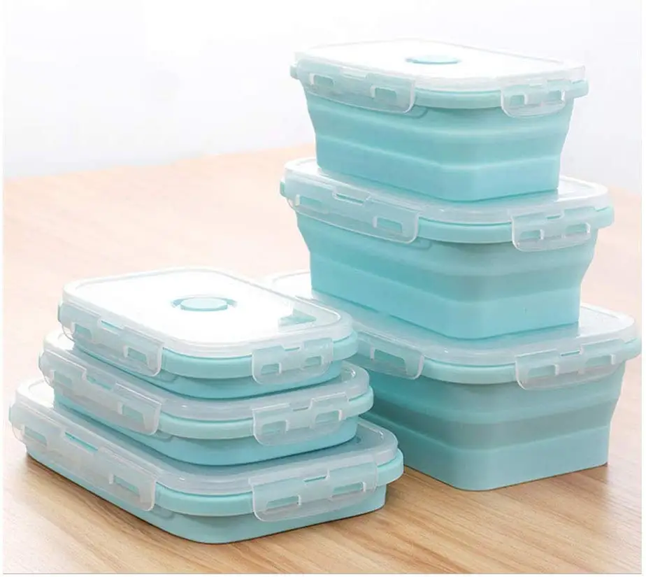 

Travel Promotion BPA free folding leakproof collapsible silicone lunch boxes bento set for kids, Customized color
