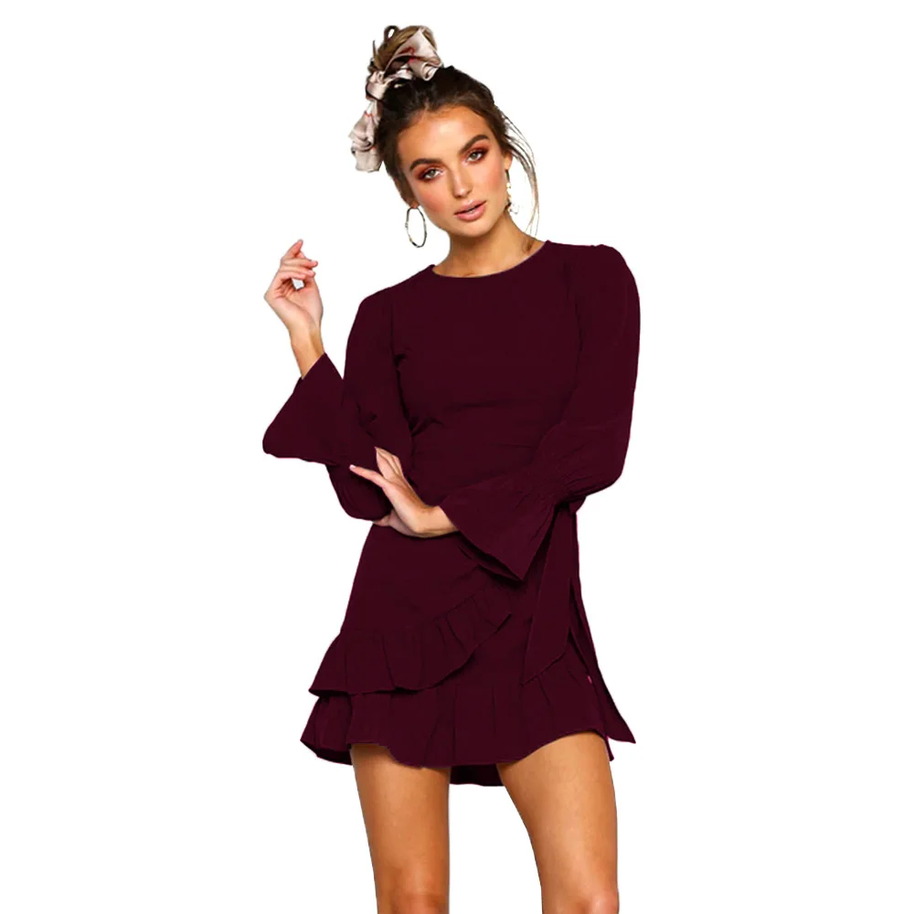 Summer Popular Fashion Women O Neck Long Flare Sleeve Lace Up Ruffled Mini Dress Casual Dresses With Sashes, 5 color
Summer Popular Fashion Women O Neck Long Flare Sleeve Lace Up Ruffled Mini Dress Casual Dresses With Sashes, 5 color