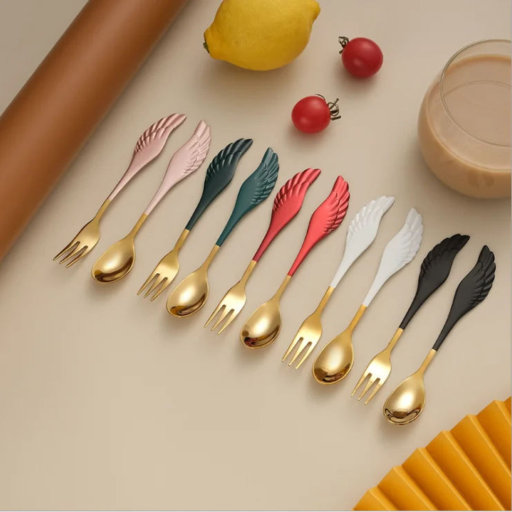 Hot sale stainless steel creative cute ice-cream dessert coffee spoon fruit fork wings fork spoon set, Silver, gold, white gold, green gold,black gold,pink gold,red gold
Hot sale stainless steel creative cute ice-cream dessert coffee spoon fruit fork wings fork spoon set, Silver, gold, white gold, green gold,black gold,pink gold,red gold