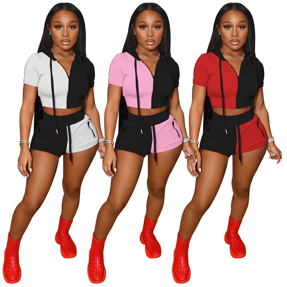 Women'S Hot Shorts Sets 2 Piece Crop Top Patchwork Color Matching Hoodie Pockets Summer Sexy casual Shorts Set For Women
Women'S Hot Shorts Sets 2 Piece Crop Top Patchwork Color Matching Hoodie Pockets Summer Sexy casual Shorts Set For Women