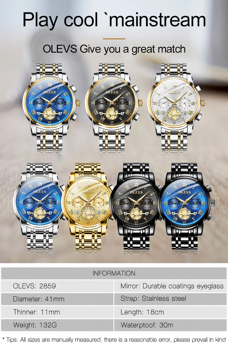 OLEVS Brand Wrist watch Real Three-Eye Fashion Business Sports Style Timing Quartz Core Stainless steel waterproof Men's Watches