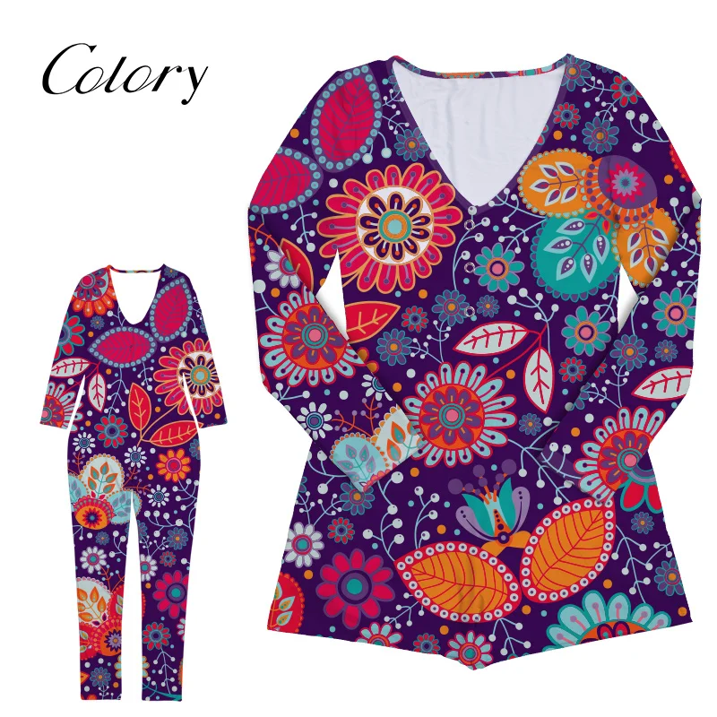 Colory Flower Printed Jumpsuit Women Family Onesie Custom Sleep Romper With Butt Flap, Picture shows
Colory Flower Printed Jumpsuit Women Family Onesie Custom Sleep Romper With Butt Flap, Picture shows