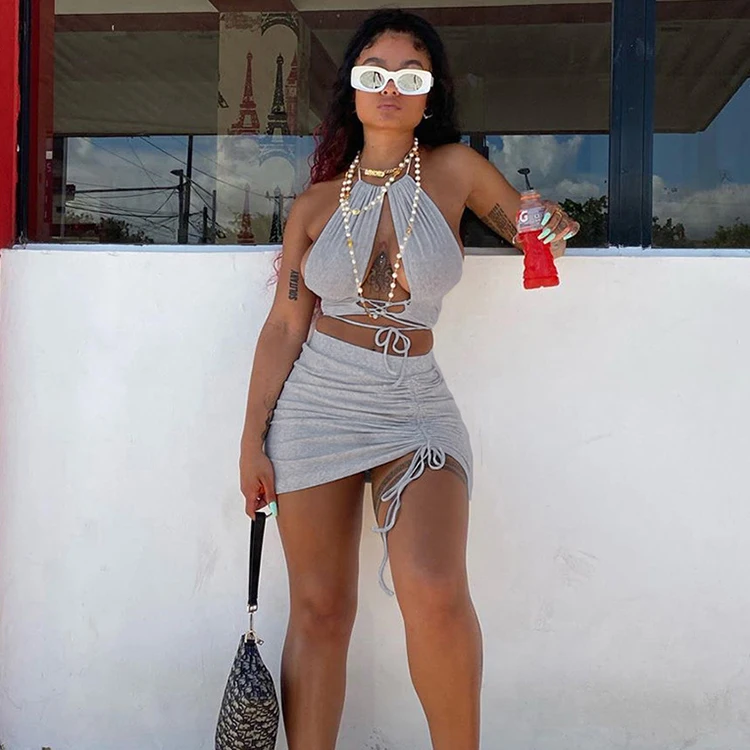 Hot Solid Drawstring Summer Set Ladis Halter Sleeveless Two Piece Skirt Set Women Clothing Sexy 2021, Gray,black,off white
Hot Solid Drawstring Summer Set Ladis Halter Sleeveless Two Piece Skirt Set Women Clothing Sexy 2021, Gray,black,off white