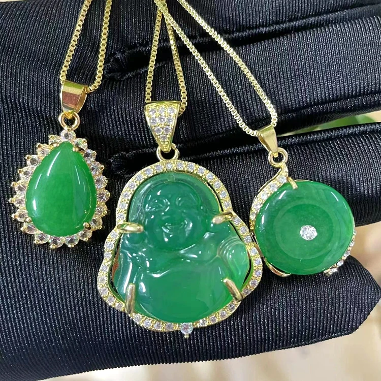 

wholesale green jade gold plated natural jade stone heart water drop buddha pendant fashion necklace
