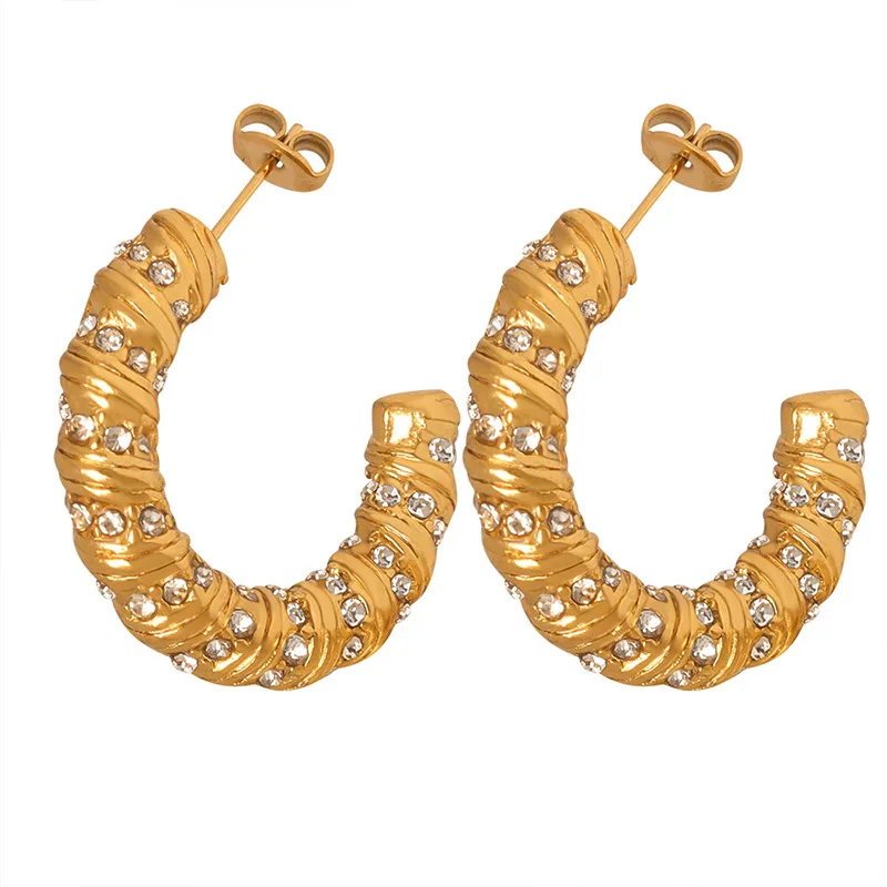 

Hypoallergenic 18K Gold Plated Stainless Steel Chunky Jewelry Spiral Cubic Zirconia CC Earrings Vintage Twist Zircon Earring