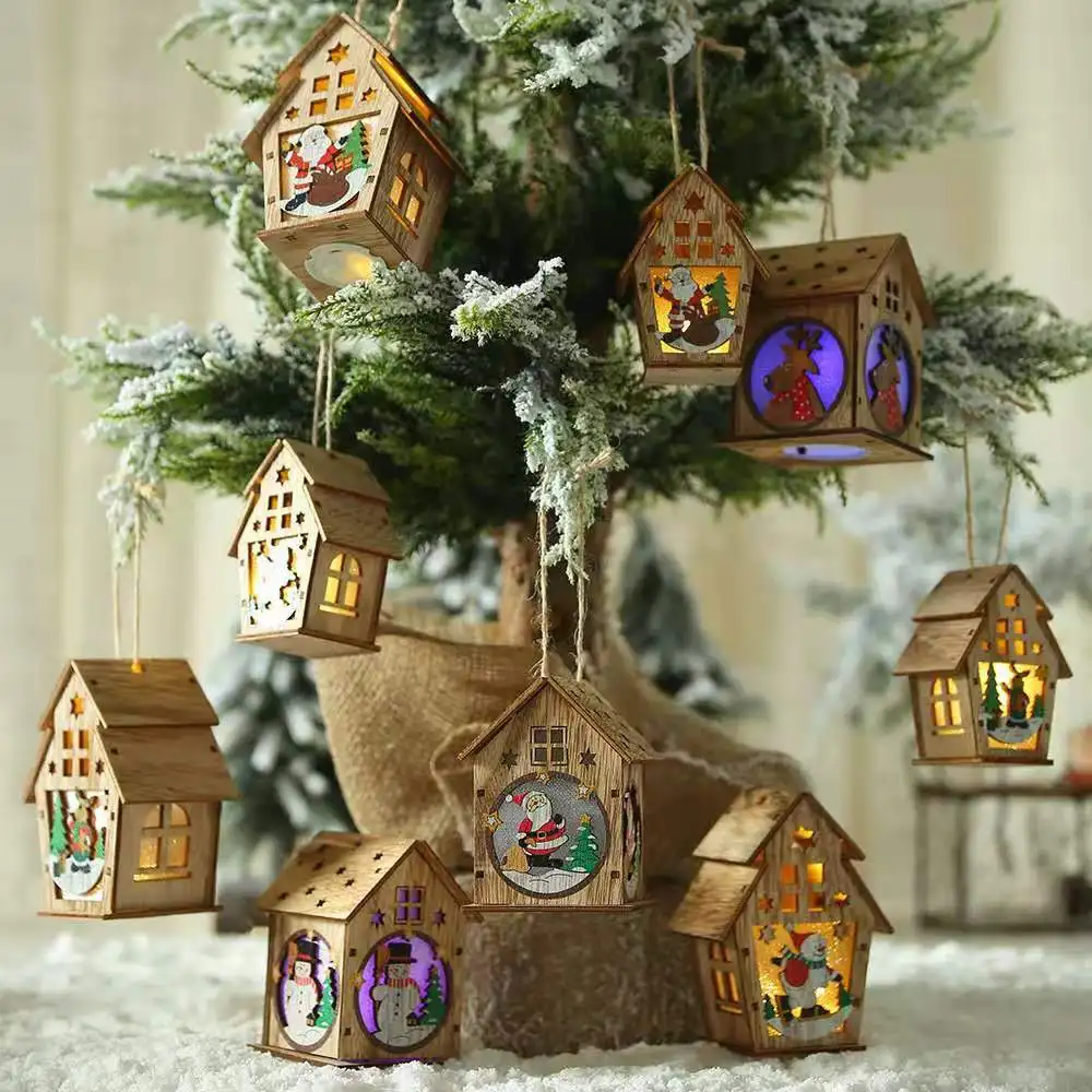 christmas led house ornaments hanging lighted cabin wooden