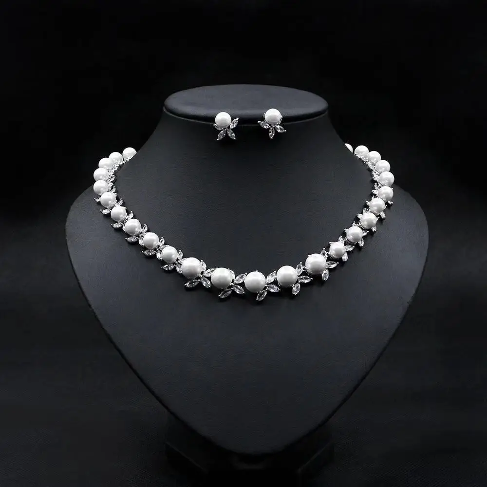 Pearl with AAA zircon diamond CZ necklace earrings Bridal wedding jewelry set, White gold/18k gold
Pearl with AAA zircon diamond CZ necklace earrings Bridal wedding jewelry set, White gold/18k gold