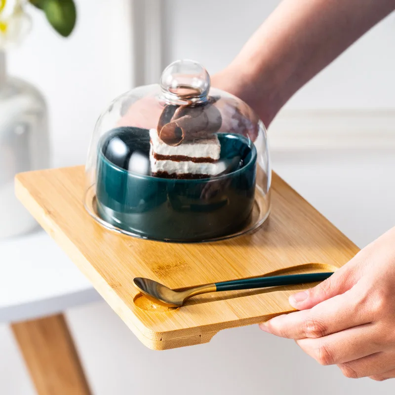 Factory dessert, cake, snack ceramic serving plate with glass cover and bamboo tray, ceramic dish set
Factory dessert, cake, snack ceramic serving plate with glass cover and bamboo tray, ceramic dish set