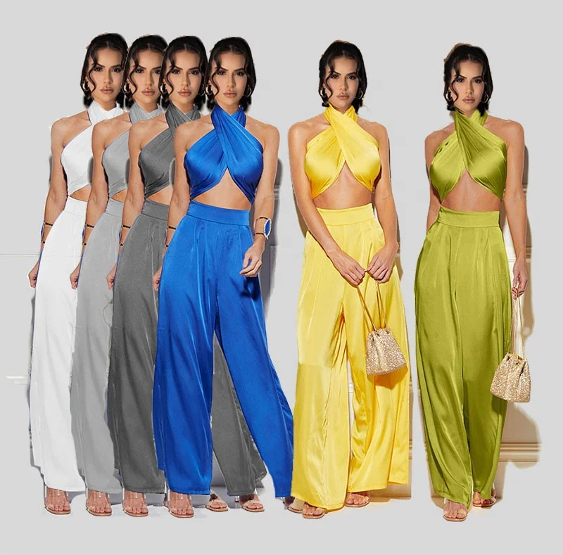 2021 Woman Summer Top And Pants Solid Color Chest Wrap Top And Wide Leg Pants Sets Women Outfits Two Piece Set, White/yellow/gray/green/blue/silver
2021 Woman Summer Top And Pants Solid Color Chest Wrap Top And Wide Leg Pants Sets Women Outfits Two Piece Set, White/yellow/gray/green/blue/silver