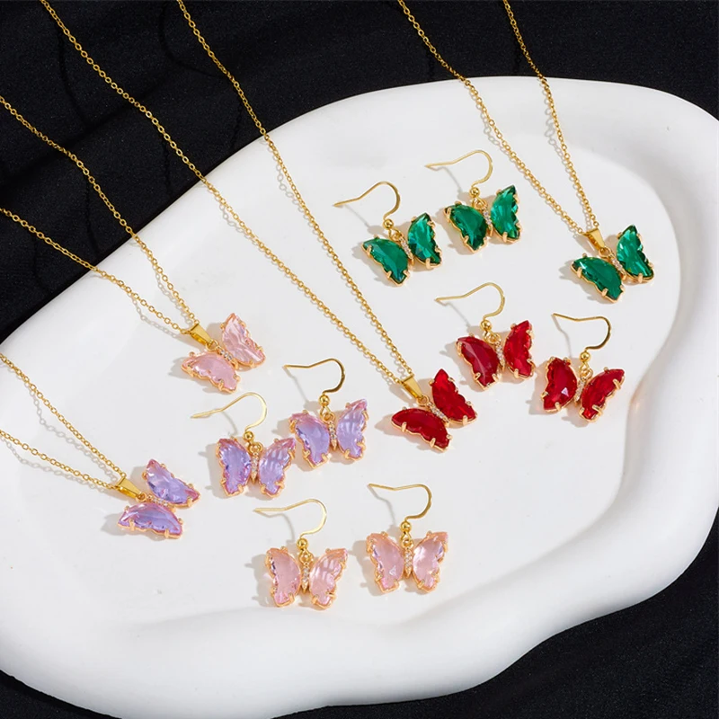 Fashion Gold Colorful Crystal Butterfly Pendant Necklace Earrings Women's Stainless Steel Jewelry Set
Fashion Gold Colorful Crystal Butterfly Pendant Necklace Earrings Women's Stainless Steel Jewelry Set