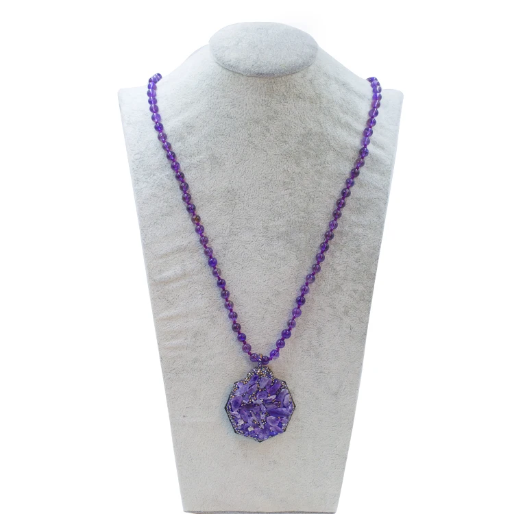 时尚天然紫水晶珠子六角皮革碎石粘土铺垫项链珠宝