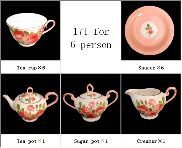 Elegant coffee ware 17 pieces new bone China coffee 6 cups 6 saucers tea pot pink ceramic tea set