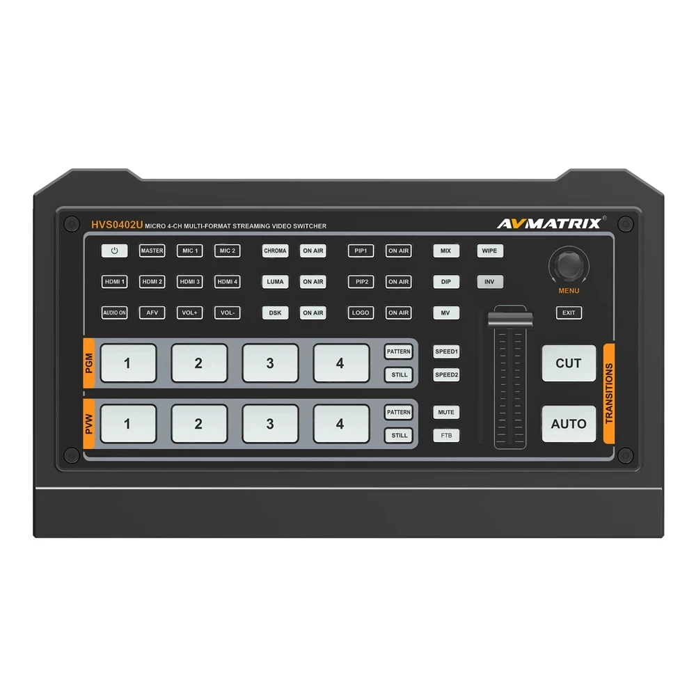 Avmatrix HVS0402U NEW 4 Channel HD-MI Video Switcher Live Atreaming Qith Luma key Chroma key Downstream key FTB/ PIP for Tally
Avmatrix HVS0402U NEW 4 Channel HD-MI Video Switcher Live Atreaming Qith Luma key Chroma key Downstream key FTB/ PIP for Tally