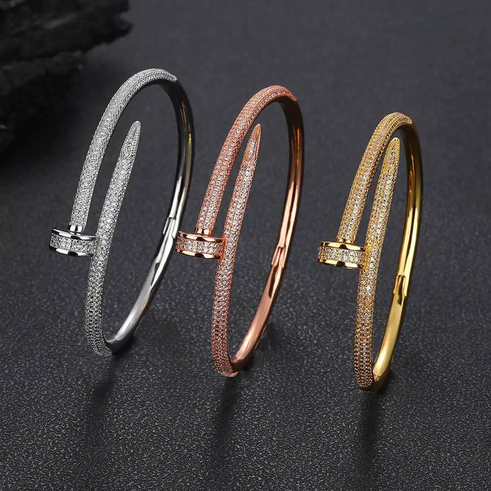 

Luxury Jewelry Wholesale Anti Fading 18K Gold Plated Copper CZ Setting Cuff Bracelet Free Size Nail Bangle for Women