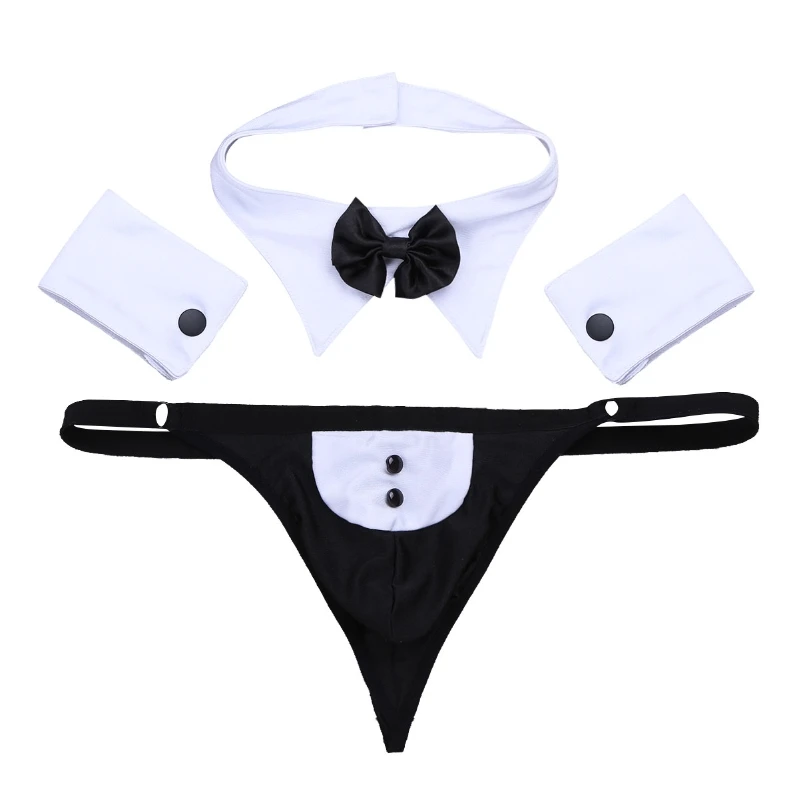 iEFiEL Mens Cosplay Waiter Lingerie Suit G-string Thong Underwear with Bow Tie Collar and Bracelets
iEFiEL Mens Cosplay Waiter Lingerie Suit G-string Thong Underwear with Bow Tie Collar and Bracelets