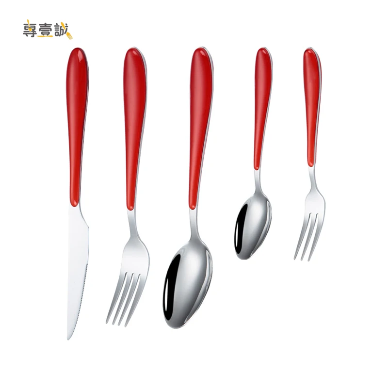 Colored plastic handle silverware stainless steel cutlery set with knife and fork spoon, Red/blue/green/black/grey/purple handle
Colored plastic handle silverware stainless steel cutlery set with knife and fork spoon, Red/blue/green/black/grey/purple handle