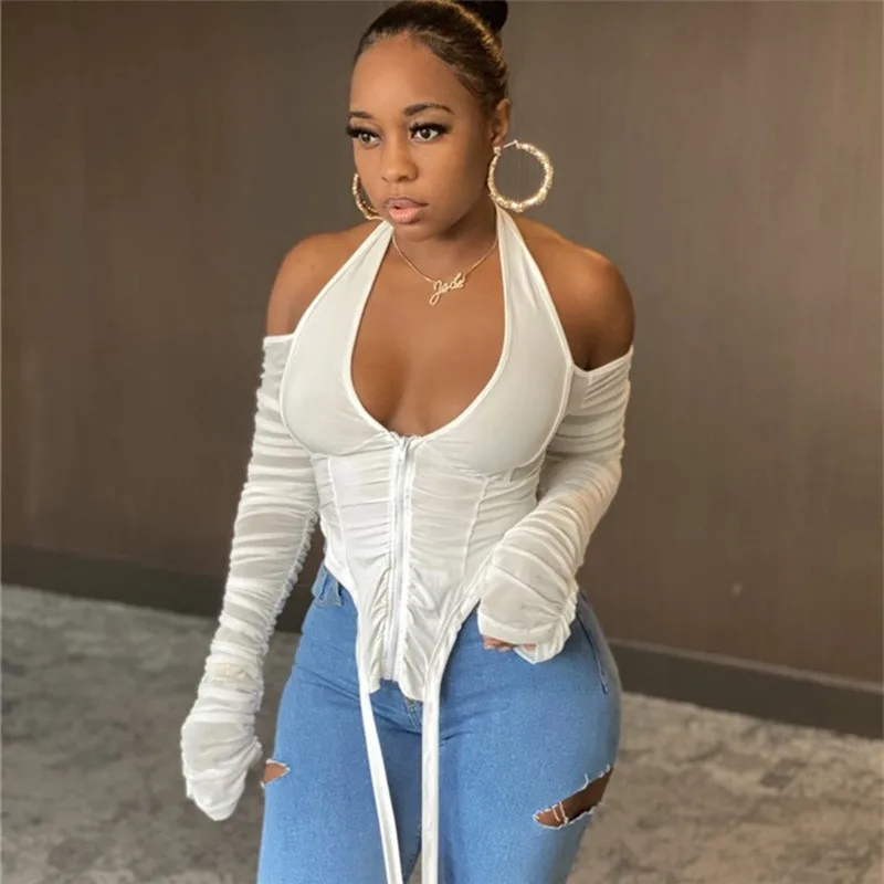 Solid T-Shirts Tops Women 2020 Autumn Zip Pleated Halter V-Neck Long Sleeve Backless Sexy Party Clubwear Female Hot Tees
Solid T-Shirts Tops Women 2020 Autumn Zip Pleated Halter V-Neck Long Sleeve Backless Sexy Party Clubwear Female Hot Tees