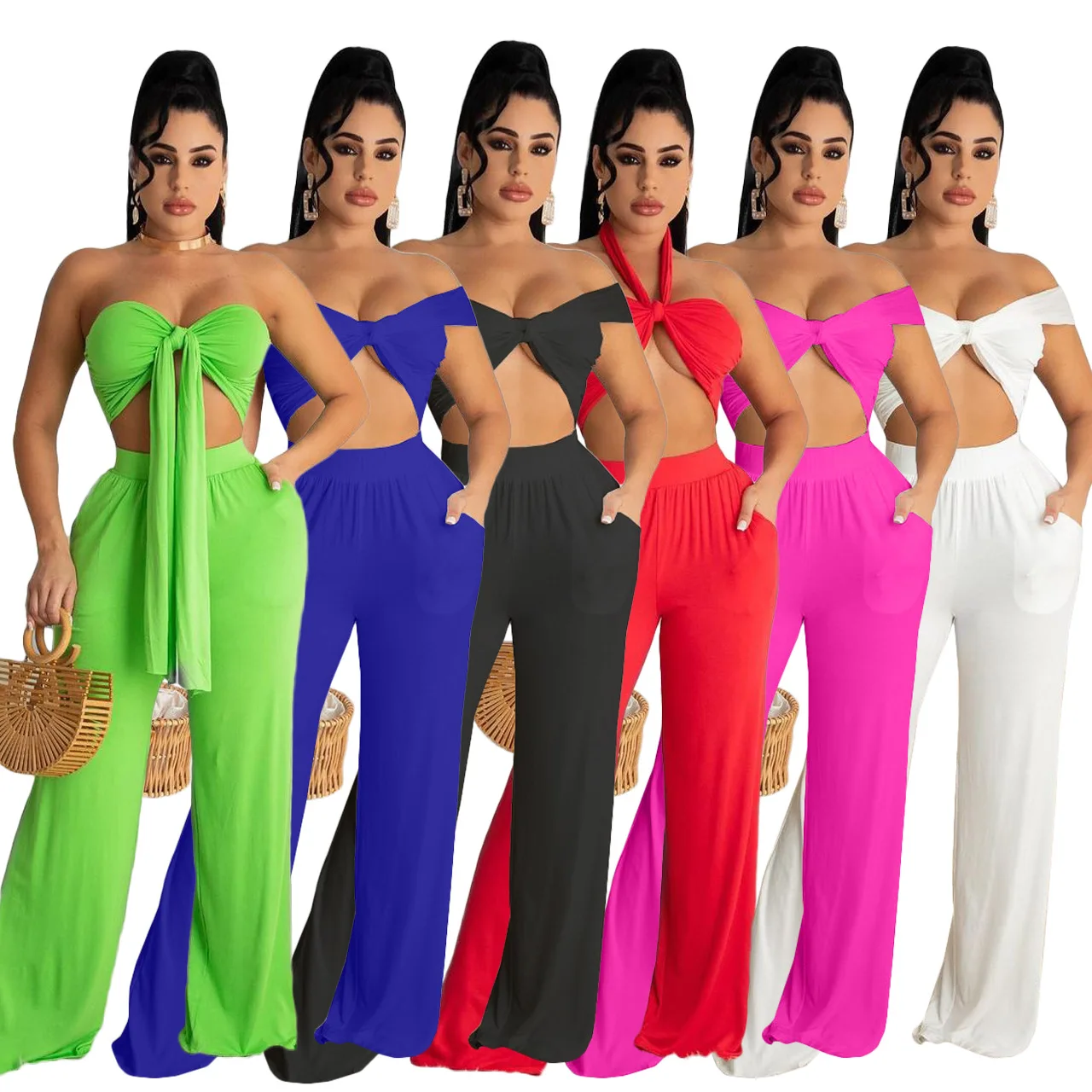 X5228 - sexy fashion sleeveless off shoulder crop top and pants women two piece set neon clothing
X5228 - sexy fashion sleeveless off shoulder crop top and pants women two piece set neon clothing