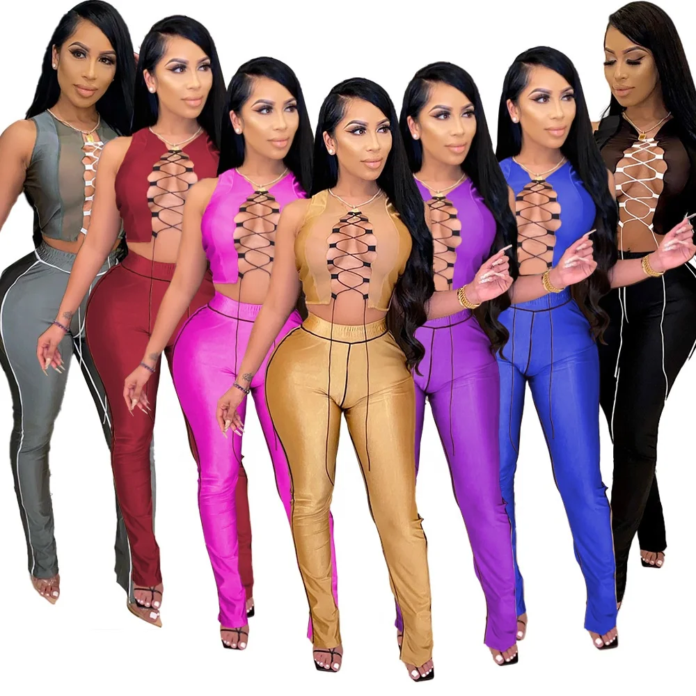 Outfits Sleeveless Mesh Lace Flare Split Sexy Fitness Tracksuit Women 2 Piece Two Piece Pants Set
Outfits Sleeveless Mesh Lace Flare Split Sexy Fitness Tracksuit Women 2 Piece Two Piece Pants Set