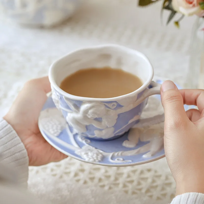European blue pink relief ceramic coffee and tea cup sets with saucer ceramics
European blue pink relief ceramic coffee and tea cup sets with saucer ceramics