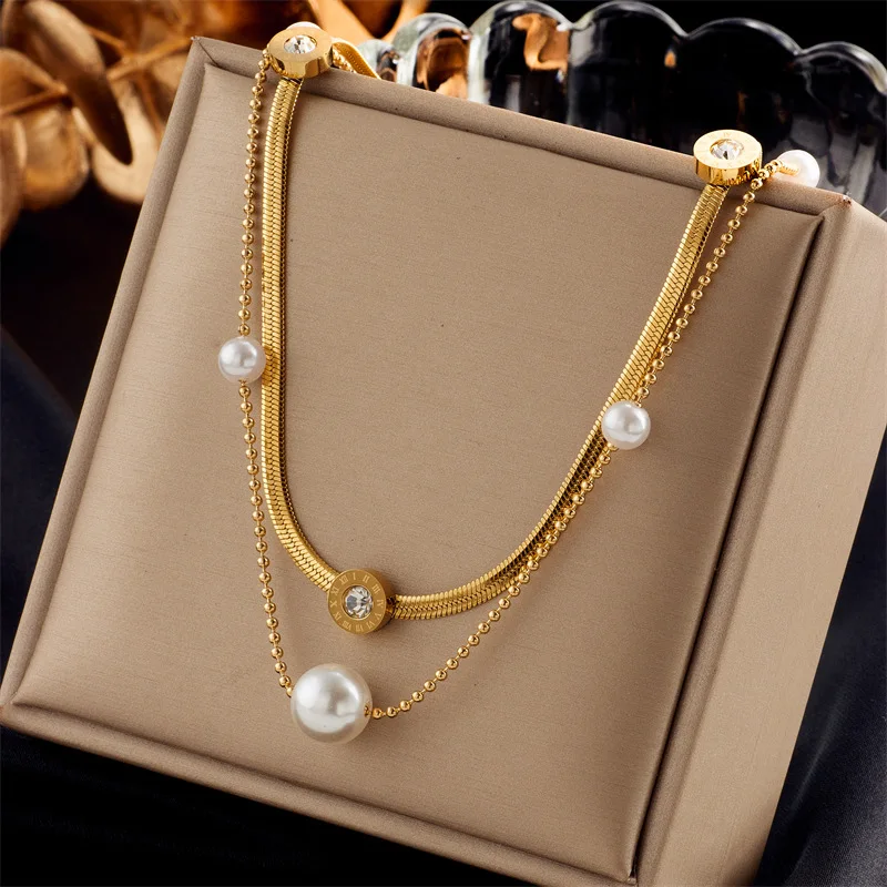 High Quality 18k Gold Plated Pearl Necklace Jewelry Ladies Double Layers Stainless Steel Roman Number Necklace
High Quality 18k Gold Plated Pearl Necklace Jewelry Ladies Double Layers Stainless Steel Roman Number Necklace