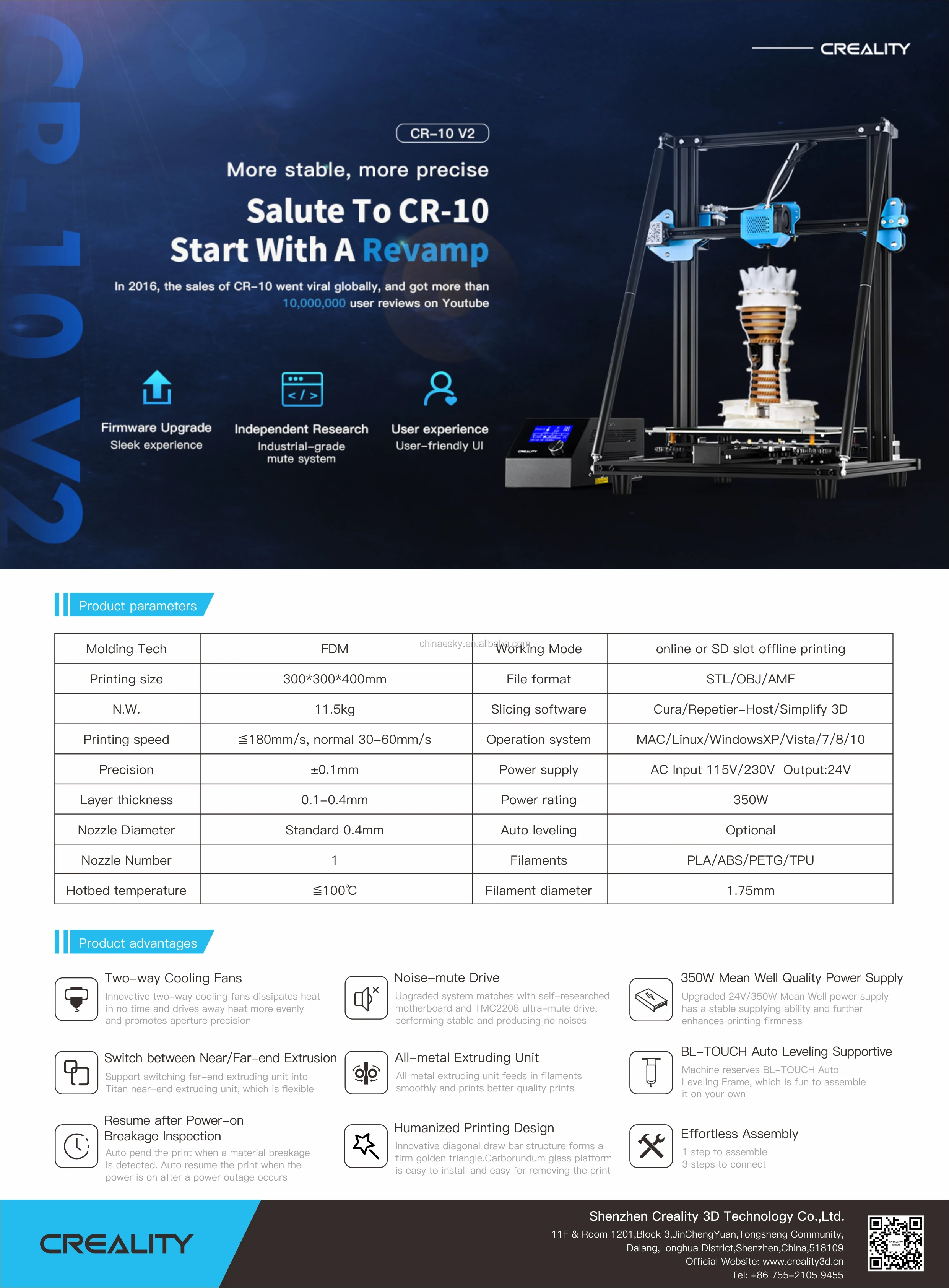 noiseless large build size CR 10V2 3d printer kit with top-quality innovatory 3d printing printer accessories filament