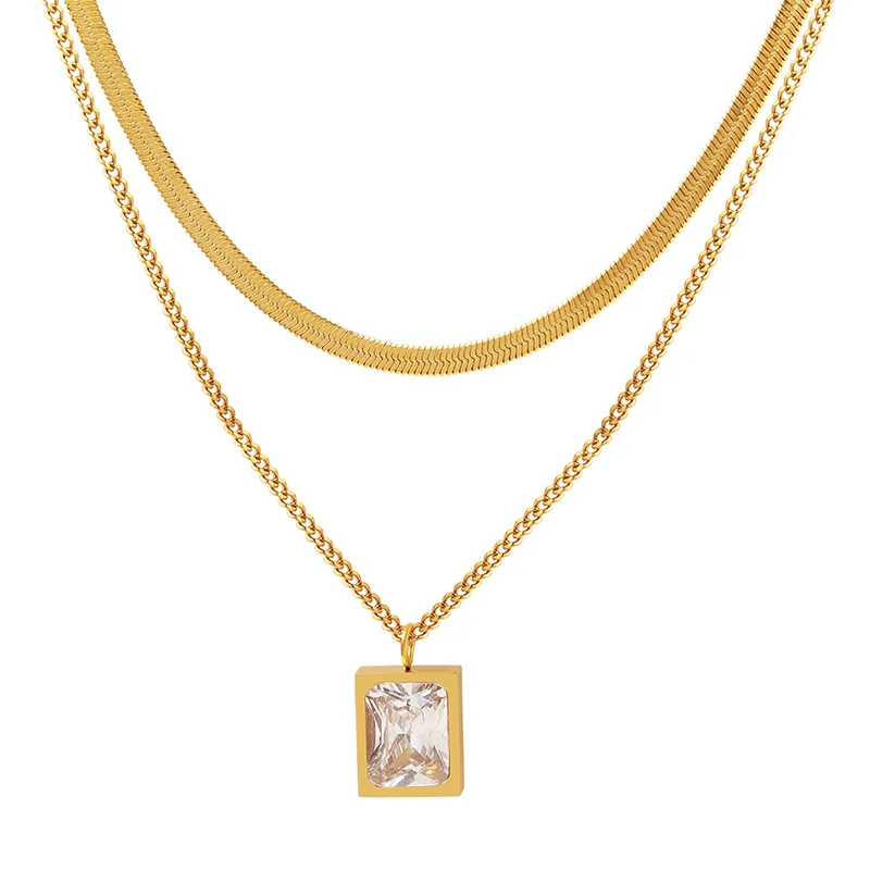 Newest double layered necklace stainless steel big square white zircon pendant blade chain necklace 18k gold jewelry
Newest double layered necklace stainless steel big square white zircon pendant blade chain necklace 18k gold jewelry