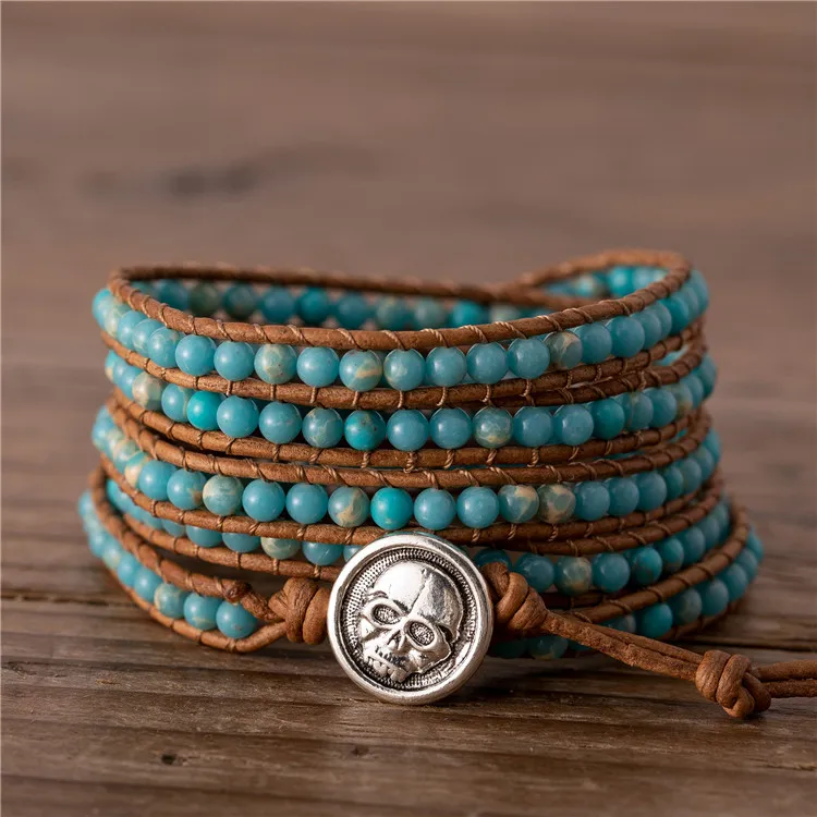 

Handmade leather wrap around bracelet Blue Sea Sediment Jasper bead bracelet Skull charm Boho stackable bracelet Bohemia Jewelry