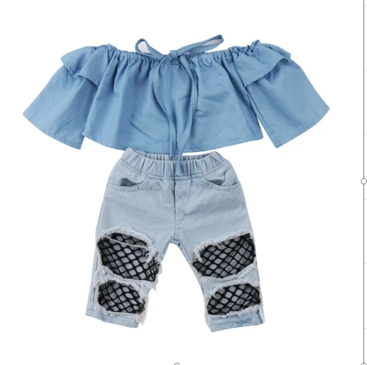 Europe And America Style Baby Girls Denim Off Shoulder Top + Broken Hole Fishnet Jeans Set
Europe And America Style Baby Girls Denim Off Shoulder Top + Broken Hole Fishnet Jeans Set