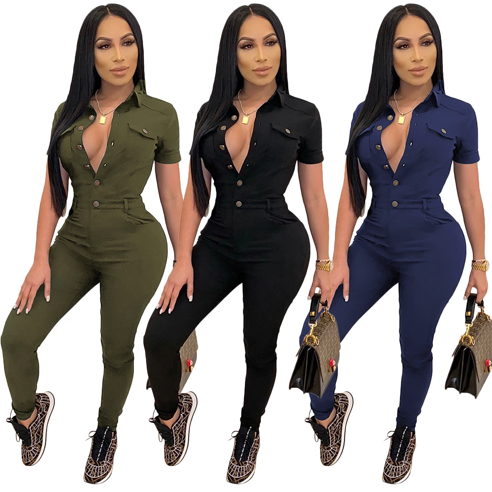Women's casual solid color lapel short-sleeved single Button one-piece Jumpsuit women, As picture
Women's casual solid color lapel short-sleeved single Button one-piece Jumpsuit women, As picture