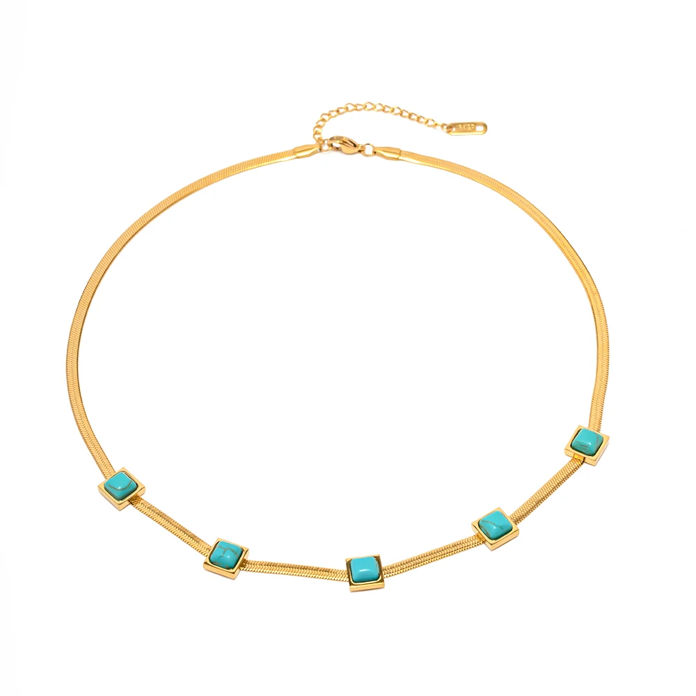

New Arrival 18K Gold Plated Plain Square Blue Turquoise Stone Snake Chain Necklace for Girls