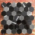 Hexagon mosaic marble tiles mix with black marquina & crystal white & gray chips