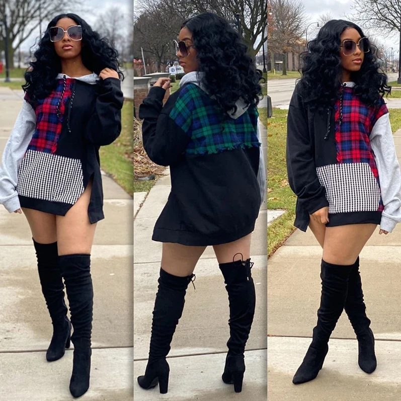 ANL3092 Women's base shirt check print round neck long sleeve slim mini dress, Accept customization
ANL3092 Women's base shirt check print round neck long sleeve slim mini dress, Accept customization