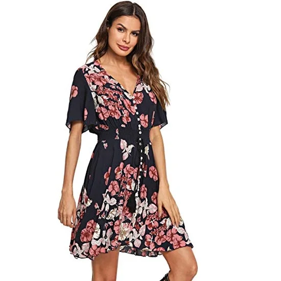 Short Floral Black Polyester Boho Mini Dress Fabric Woman Tops Fashionable Dresses Ladies, Customized color
Short Floral Black Polyester Boho Mini Dress Fabric Woman Tops Fashionable Dresses Ladies, Customized color