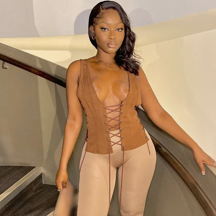 Trendy Fall Winter Lace Up Hollow Out Sexy Woman Camisole Solid Low-Cut Bandage Tank Top, Brown
Trendy Fall Winter Lace Up Hollow Out Sexy Woman Camisole Solid Low-Cut Bandage Tank Top, Brown