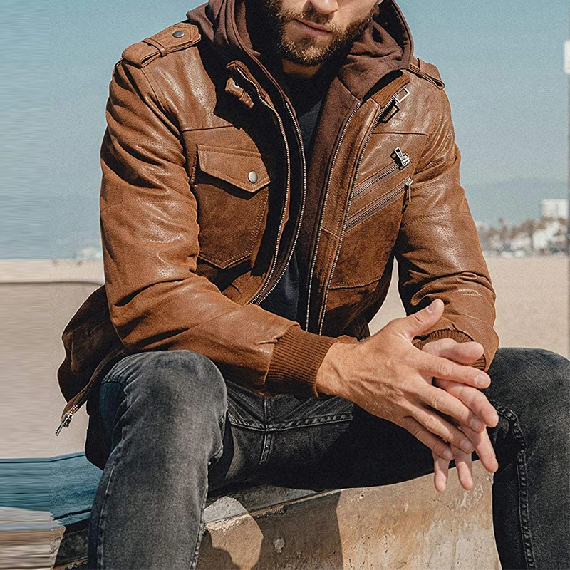 Brown Motorcycle With Removable Hooded For Men Leather Jacket, As picture, cutomized
Brown Motorcycle With Removable Hooded For Men Leather Jacket, As picture, cutomized