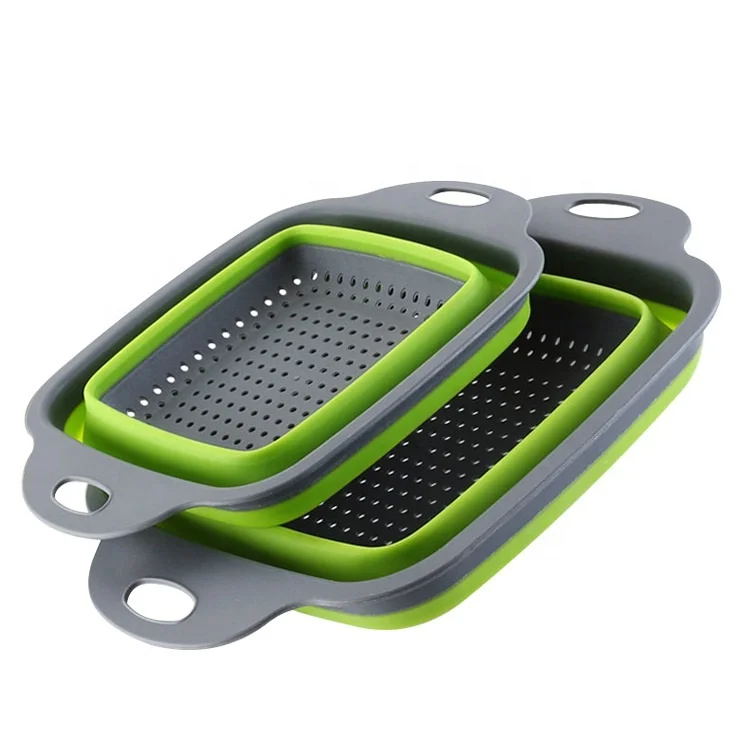 2pk square shape Silicone Plastic Kitchen folding Colander set with hole handle 
2pk square shape Silicone Plastic Kitchen folding Colander set with hole handle