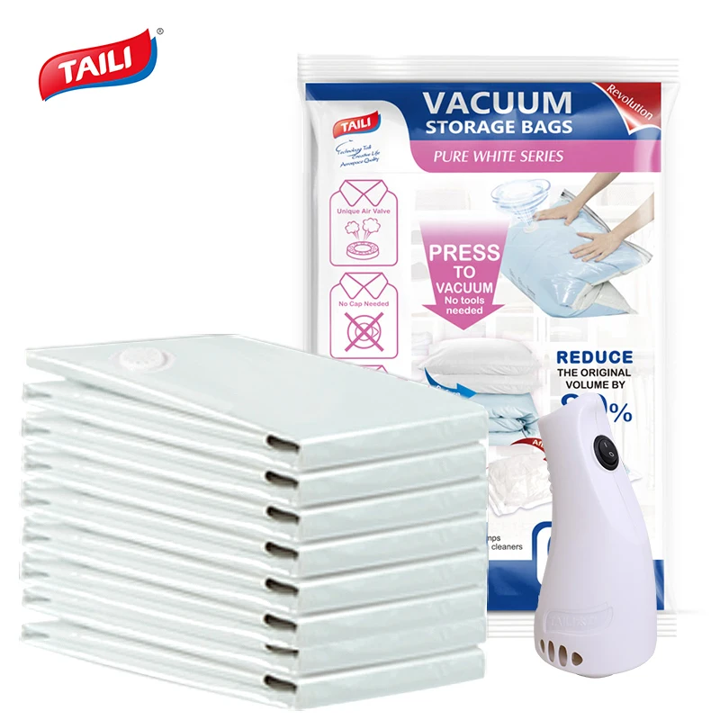 Taili Travel Spacesaver Premium Vacuum Storage Clothing Compression Bags Set with Electric Pump and Vacuum Bag for Clothes, Trasparent or others customize colors
Taili Travel Spacesaver Premium Vacuum Storage Clothing Compression Bags Set with Electric Pump and Vacuum Bag for Clothes, Trasparent or others customize colors