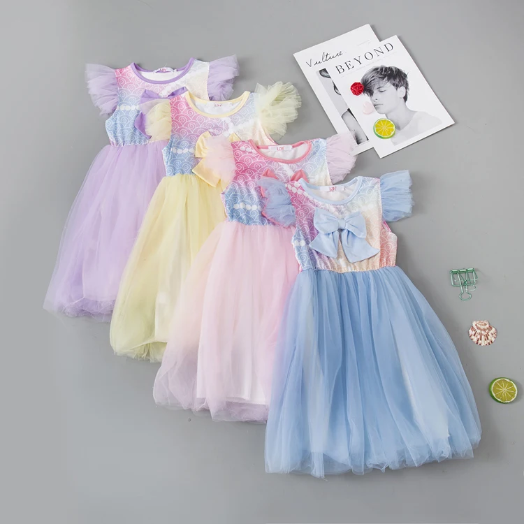 

LZH Fashion Bow Kids Clothes Girls Spliced Mesh Summer Light Dresses 2021 New Baby Girls Princess Dress Sweet Children's Costume, Pink,yellow,blue,purple