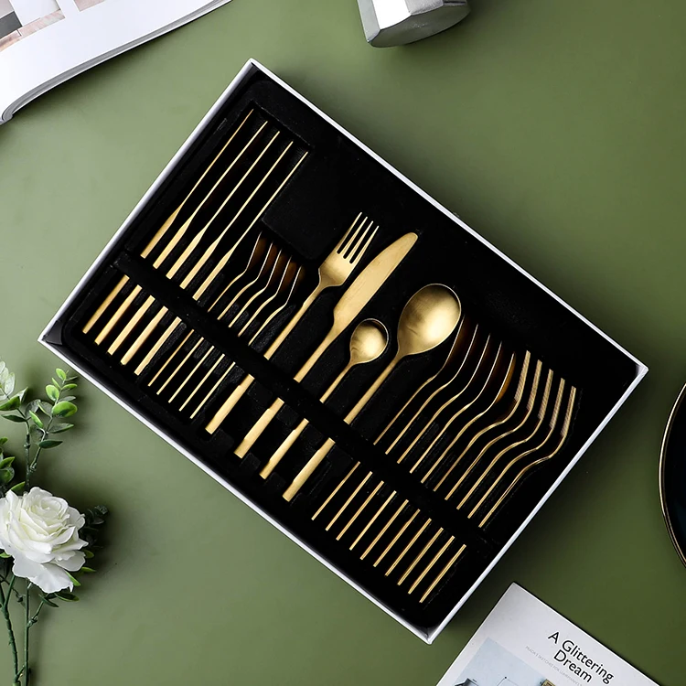 24 pcs fashionable gift wedding party used stainless steel flatware retro polishing matte gold 24 piece cutlery set
24 pcs fashionable gift wedding party used stainless steel flatware retro polishing matte gold 24 piece cutlery set