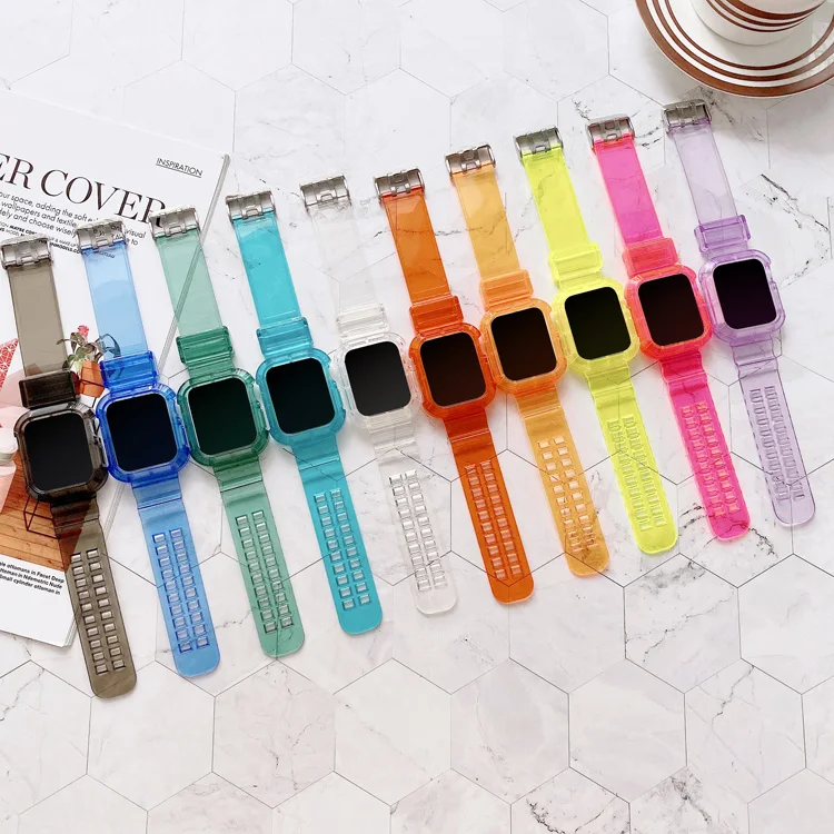 Hot sale high quality color transparent soft tpu silicone smart watch band watch strap 38 40 42 44mm for apple i watch, 10 colors
Hot sale high quality color transparent soft tpu silicone smart watch band watch strap 38 40 42 44mm for apple i watch, 10 colors