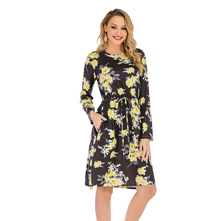 Autumn Drawstring Print Long Sleeve Dress Women's Casual Round Neck Floral Dress, Blue;yellow;red
Autumn Drawstring Print Long Sleeve Dress Women's Casual Round Neck Floral Dress, Blue;yellow;red