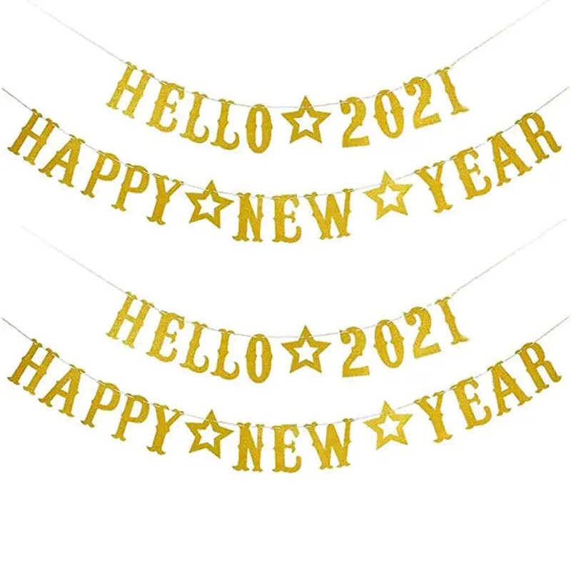 gold glittery happy new year banner and hello 2021 bunting for