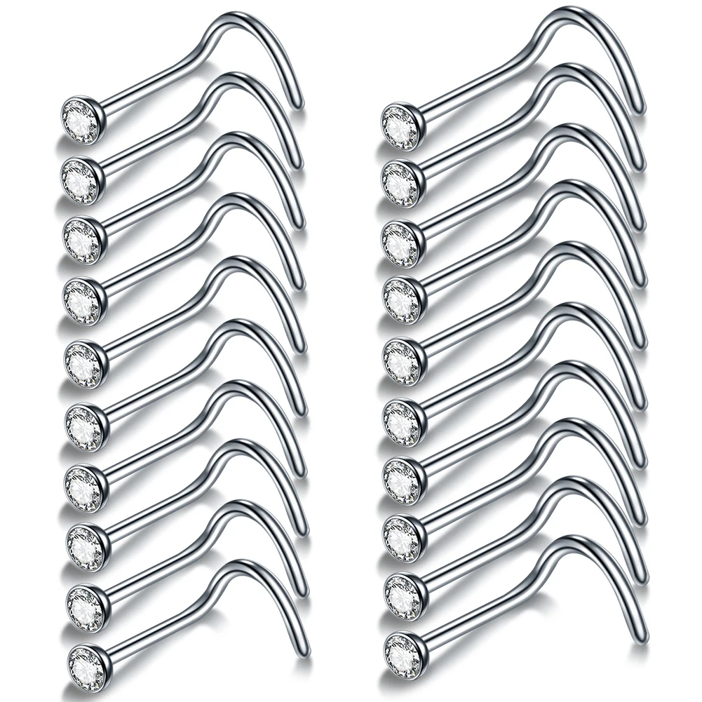 

10Pcs/Pack 316L Surgical Steel Nose Stud Twist Screw Nose Ring Studs Press Fit CZ Fashion Body Piercing Jewelry