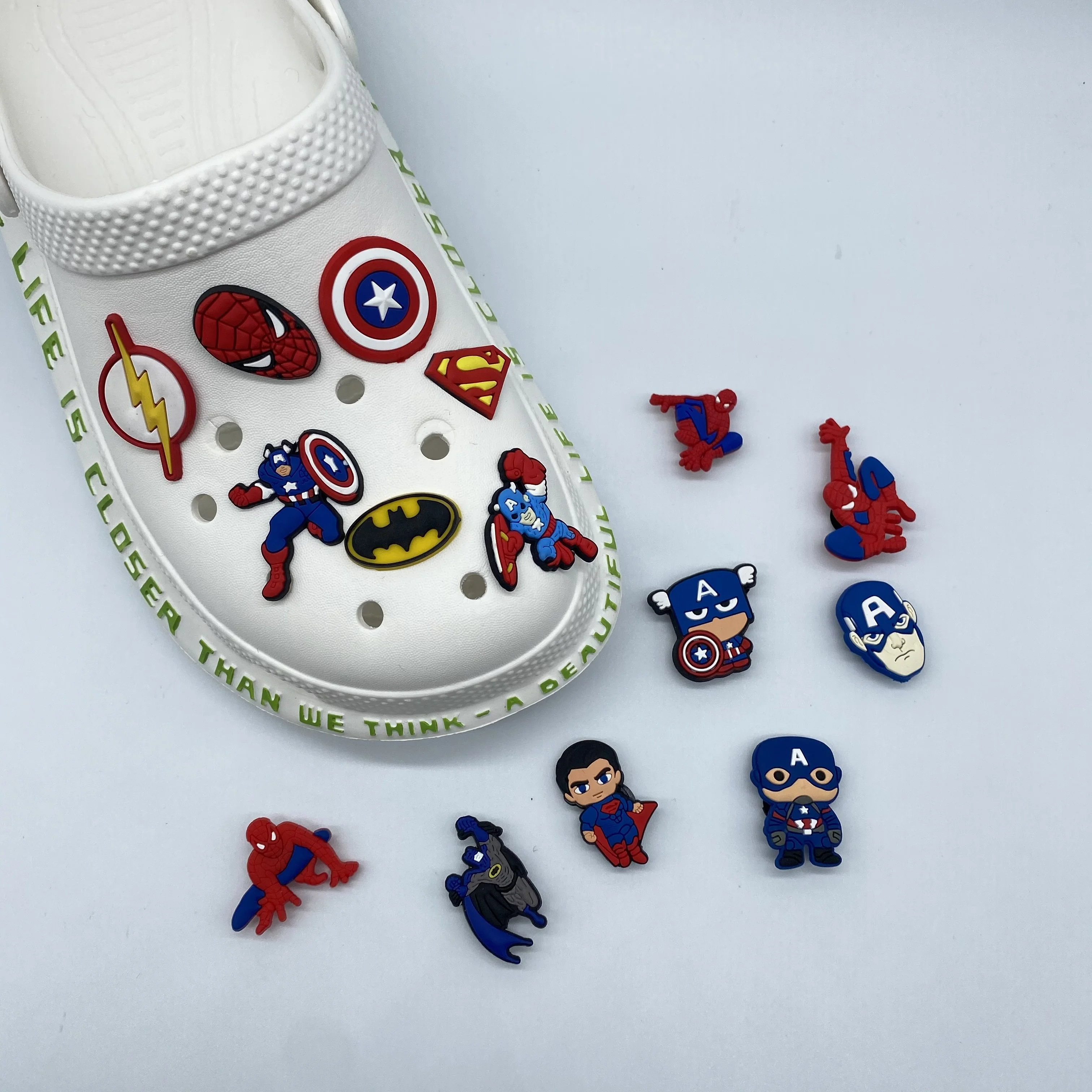 Custom designer cartoon avenger soft PVC clog charms for kids shoe decoration boy party gift, As picture
Custom designer cartoon avenger soft PVC clog charms for kids shoe decoration boy party gift, As picture