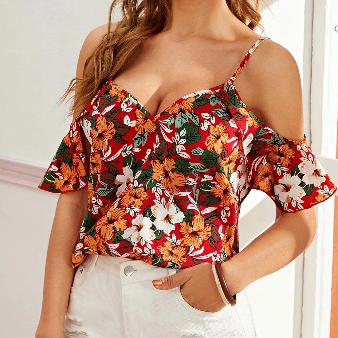 Sling Cold Shoulder Floral Print Casual Flounce Sleeve Ladies Designers Tops For Women Blouse
Sling Cold Shoulder Floral Print Casual Flounce Sleeve Ladies Designers Tops For Women Blouse