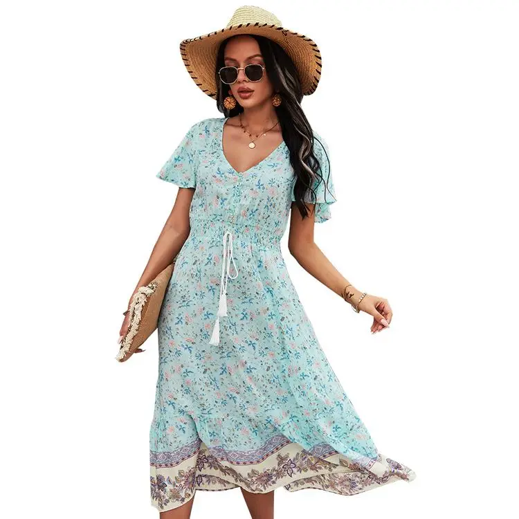 Hot Sale summer casual wear outdoor seaside bohemian floral printed Short Sleeve casual women dress
Hot Sale summer casual wear outdoor seaside bohemian floral printed Short Sleeve casual women dress